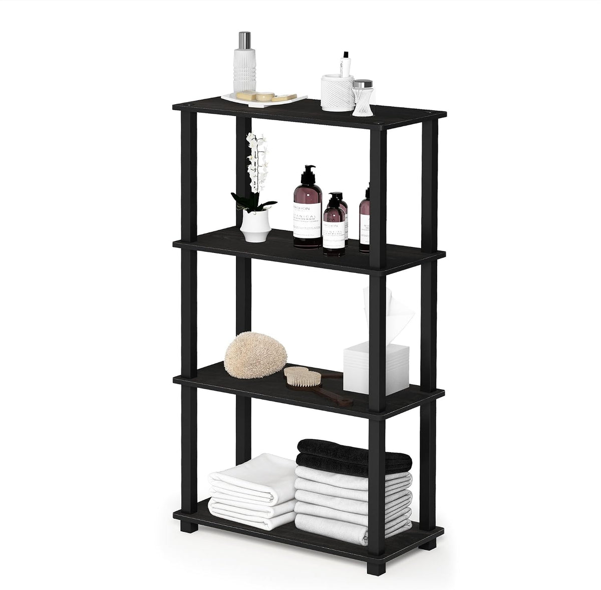 TURN-S-TUBE Storage Shelves, 4-Tier Book Shelf, Corner Shelf, Toolless Open Shelves, for Organization and Storage, Living Room, Garage, Home Office, Espresso