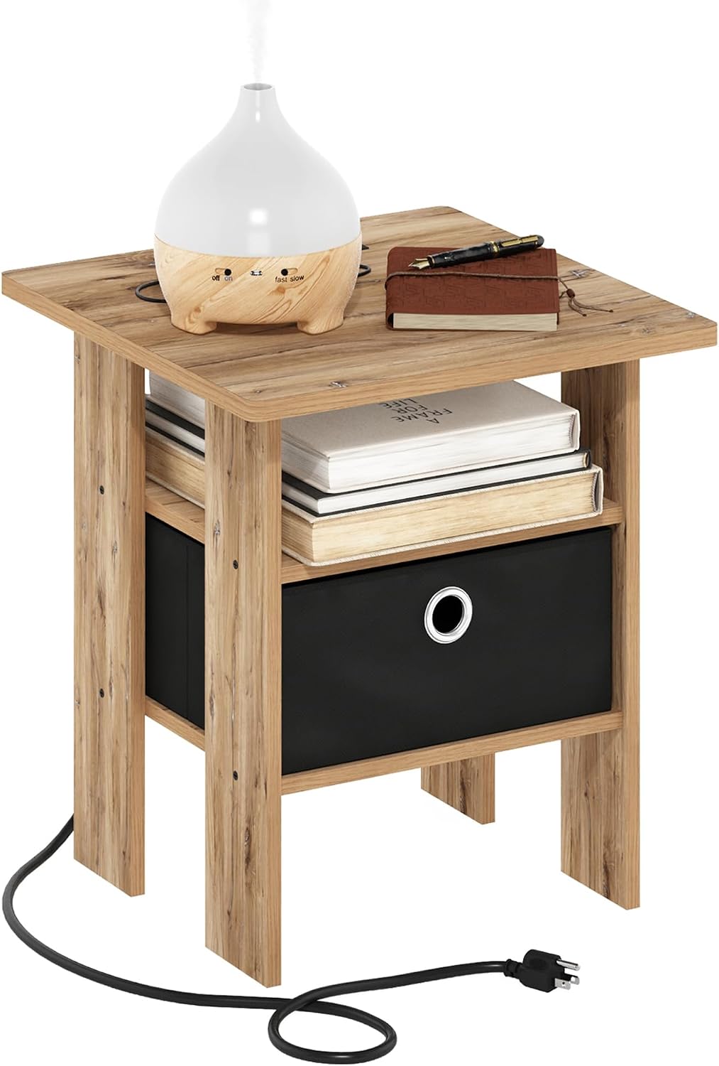 Andrey Charging Station Nightstand with Storage Bin, Flagstaff Oak