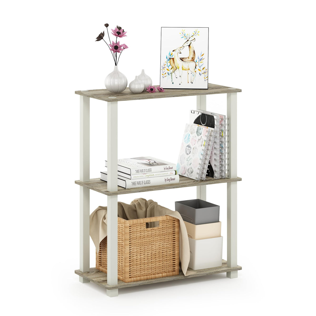 99152BE/WH/IV 3-Tier Go Green Multipurpose Storage Rack Shelving Unit Bookshelf Cabinet with 2 Bins, Beech Finish
