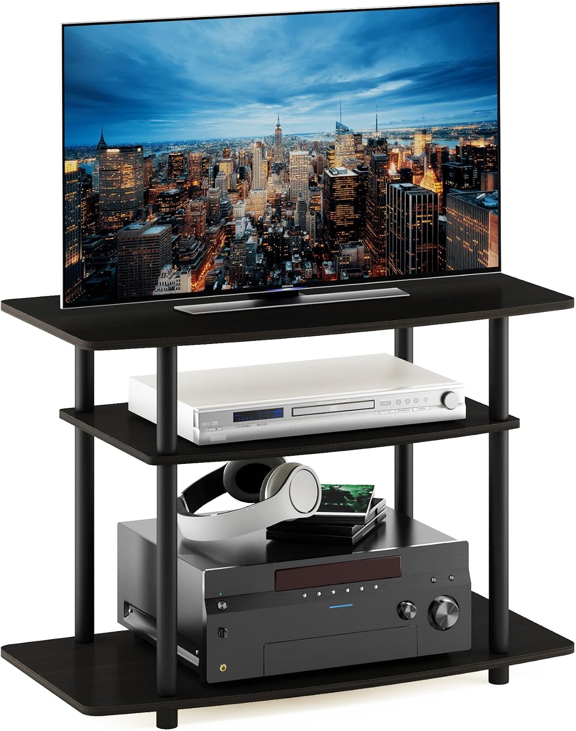 Turn-N-Tube No Tools 3-Tier Entertainment Center TV Stand for TV up to 32 Inch, Plastic Round Tubes, Espresso/black