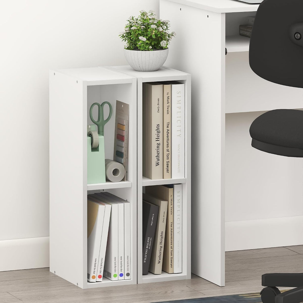 Fulda Book Shelf Set of 2, 2-Tier Narrow Bookshelf, 6" W, White
