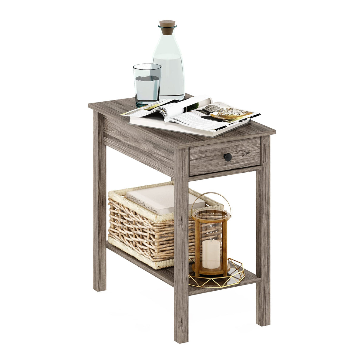 Andrey Set of 2 End Table / Side Table / Night Stand / Bedside Table with Bin Drawer, Dark Brown/Black