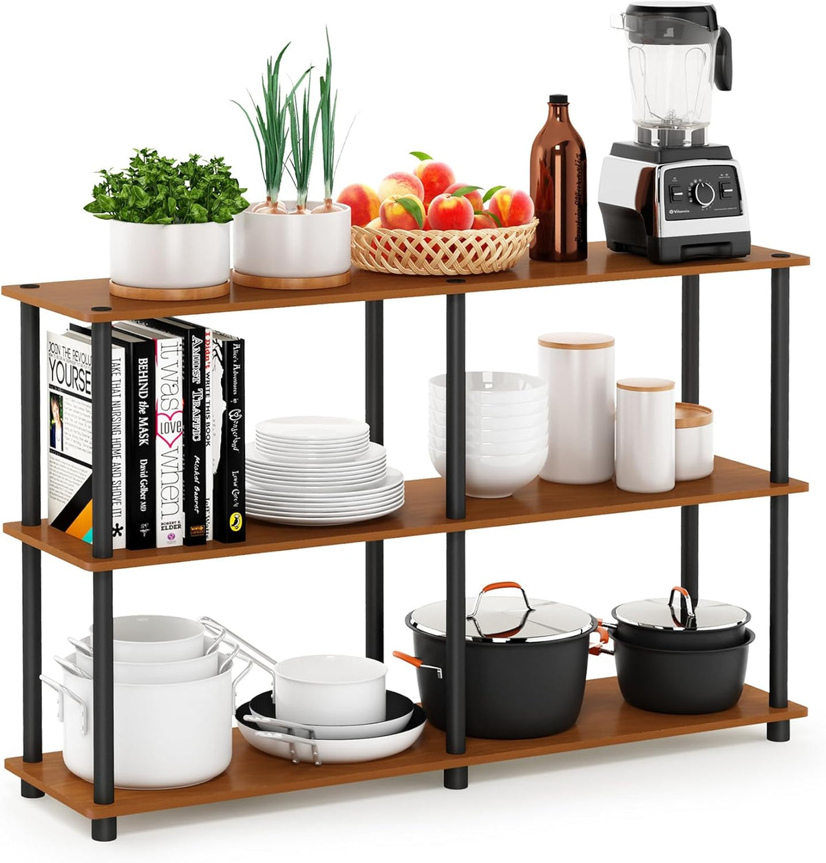TURN-N-TUBE Storage Shelves, 3-Tier 47.4 Wide Book Shelf, Corner Shelf, Toolless Open Shelves, for Organization and Storage, Living Room, Garage, Home Office, Light Cherry