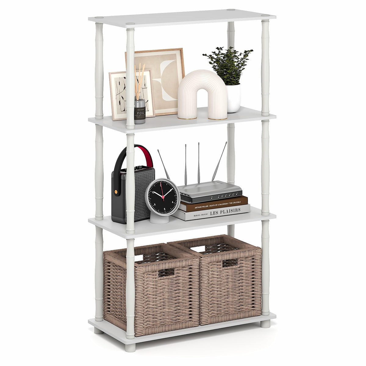 99152BE/WH/IV 3-Tier Go Green Multipurpose Storage Rack Shelving Unit Bookshelf Cabinet with 2 Bins, Beech Finish