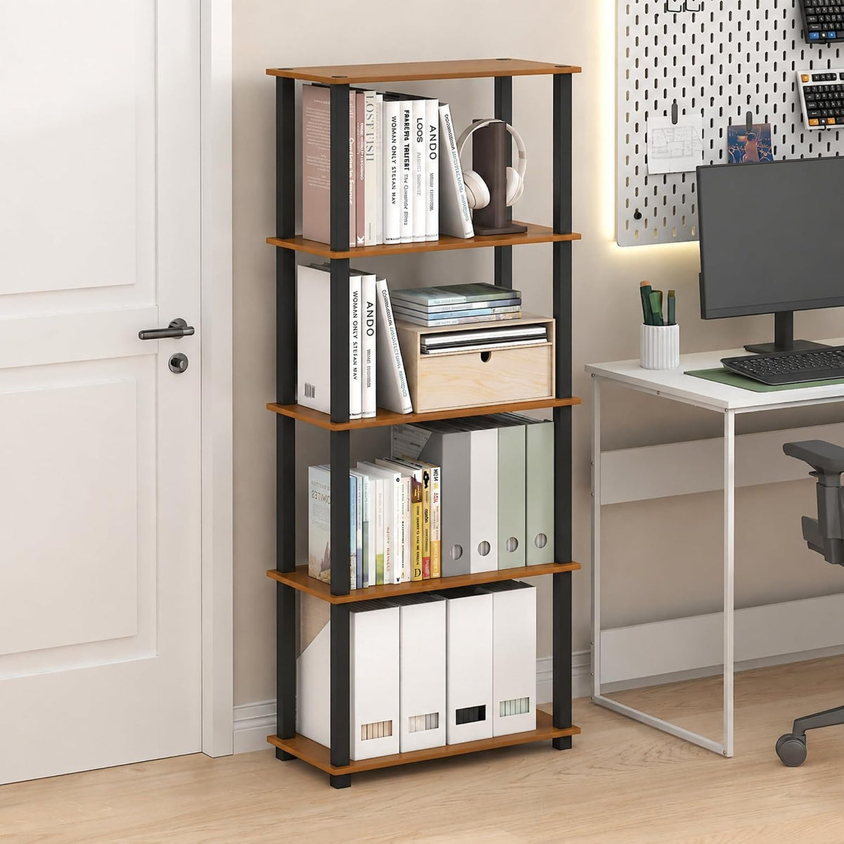 Turn-S-Tube Toolless Assembly 5-Tier Oak Storage Shelves with Square Tubes, Shelving Unit for Organization and Storage for Living Room, Home Office, Light Cherry Oak
