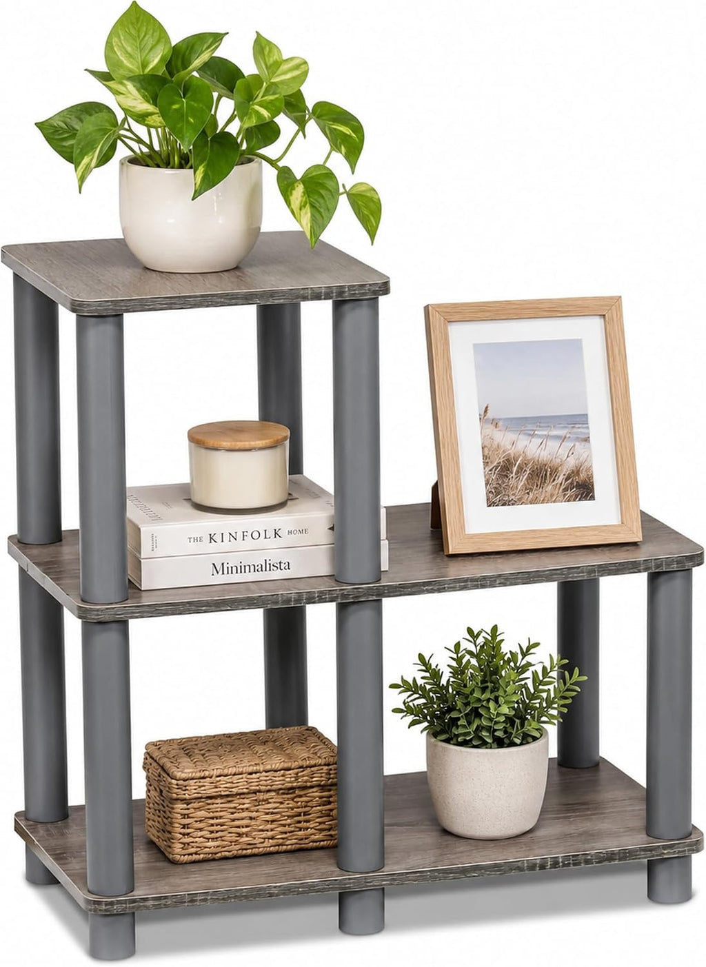 TURN-N-TUBE Storage Shelves, 2-Tier Ladder Shape Book Shelf with Open Frame Design, 3-Cube Corner Shelf, Toolless Open Shelves, Living Room, Garage, Home Office, Grey