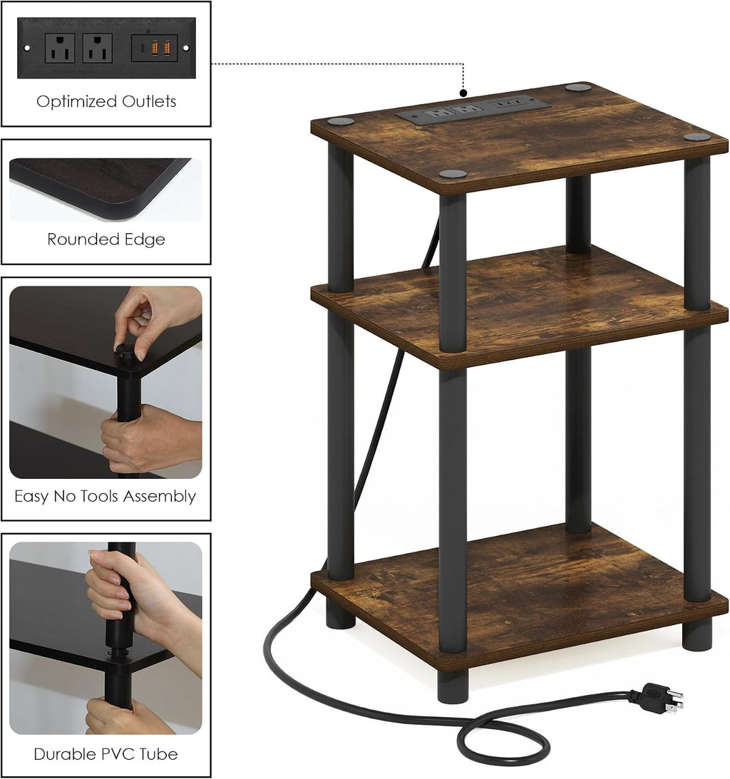 Just 3-Tier Turn-N-Tube USB and Type-C Charging Port End Table with Open Storage, 11.42 (W) x 8.82 (H) x 6.77 (D) inches, Amber Pine/Black