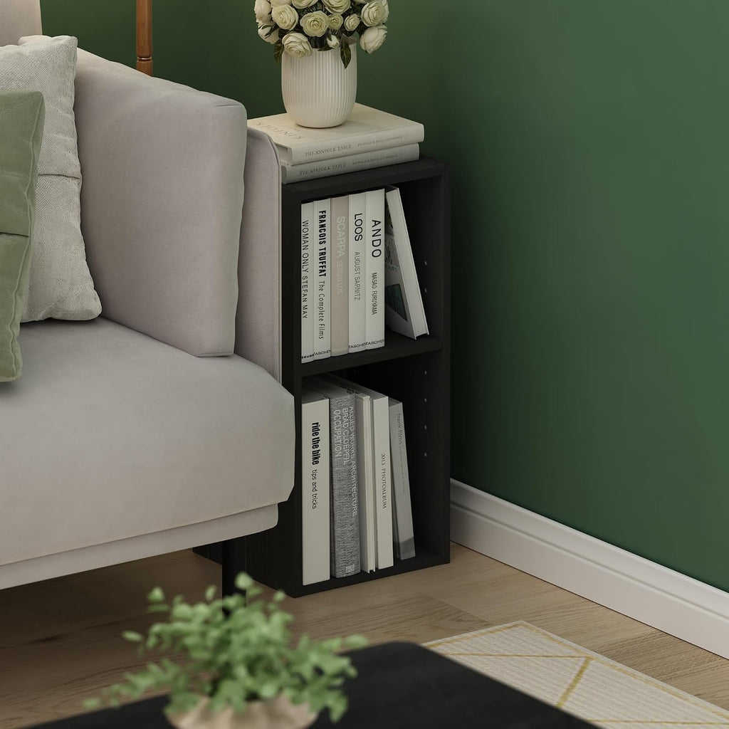 Fulda Book Shelf, 2-Tier Narrow Bookshelf, Bookcase with 10-in Width Storage Shelf, 9.3 x 9.8 x 21.2, for Living Room, Bedroom, Home Office, Darkwood