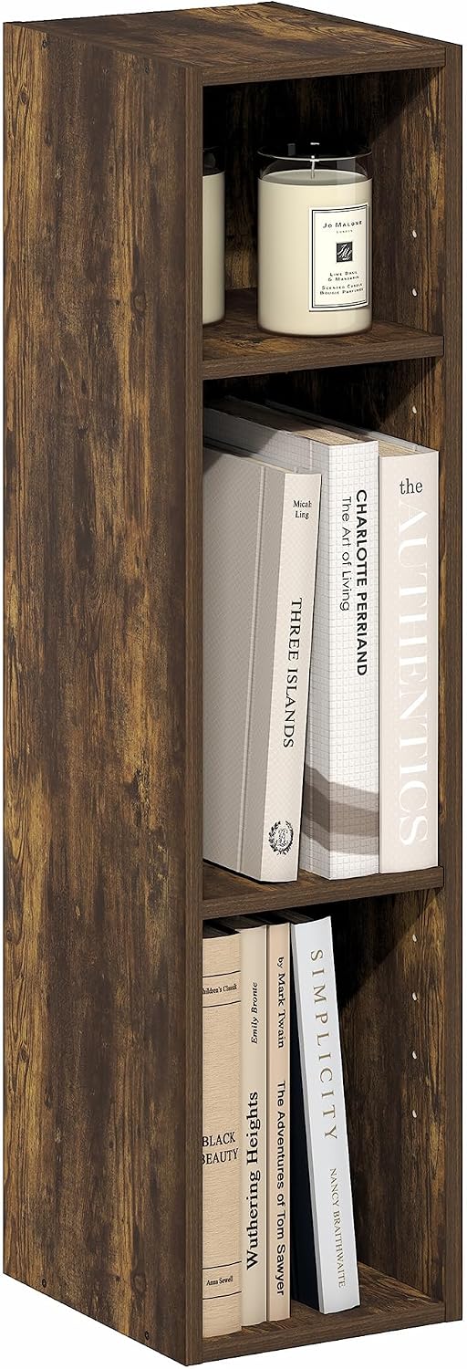 Fulda Book Shelf, 3-Tier Narrow Bookshelf, Bookcase with 8-in Width Storage Shelf, 9.3 x 7.9 x 31.5, for Living Room, Bedroom, Home Office, Amber Pine