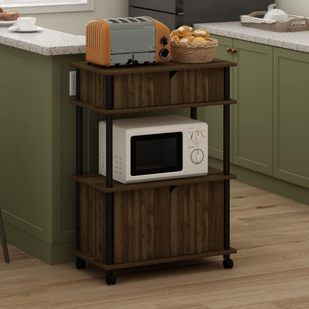 Turn-N-Tube Kitchen Storage Cart with Cabinet and Lockable Wheels, Columbia Walnut/Black
