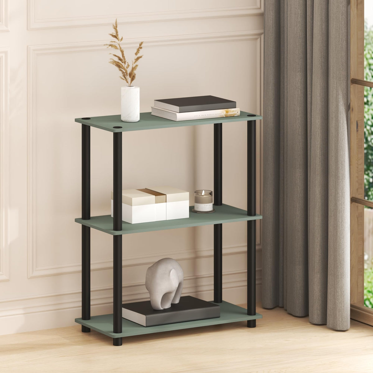 99152BE/WH/IV 3-Tier Go Green Multipurpose Storage Rack Shelving Unit Bookshelf Cabinet with 2 Bins, Beech Finish