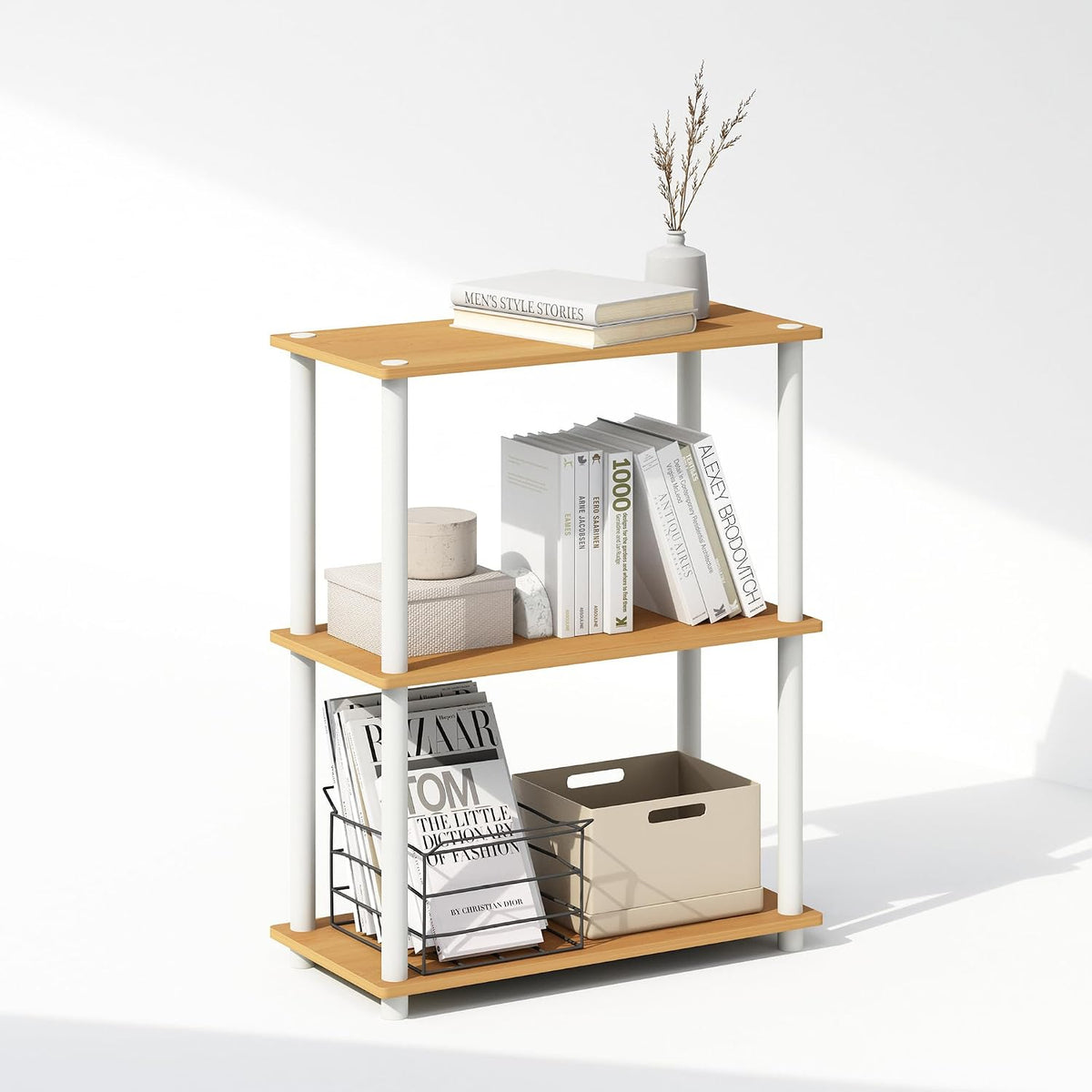 Turn-N-Tube Book Shelf, 3-Tier Bookshelf, Bookcase with Multipurpose Compact Display Rack, 11.6 x 23.6 x 29.6, for Living Room, Bedroom, Home Office, Beech