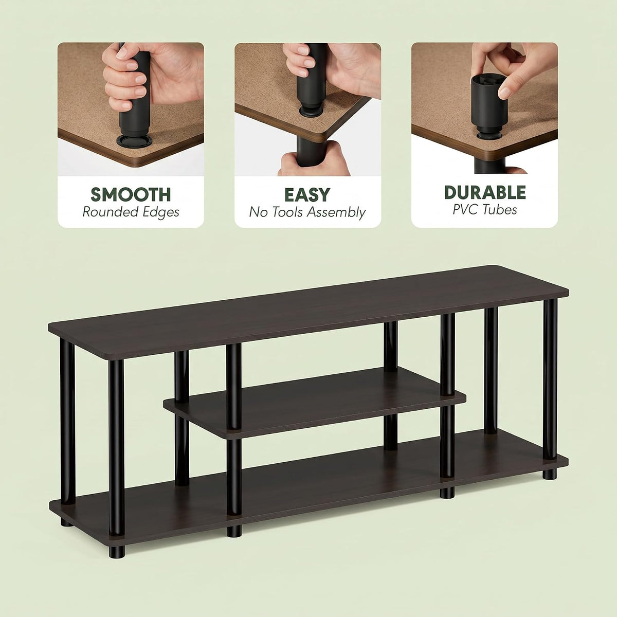 Turn-N-Tube No Tools 3D 3-Tier Entertainment TV Stand up to 50 inch TV, Round Tubes, Dark Brown / Black