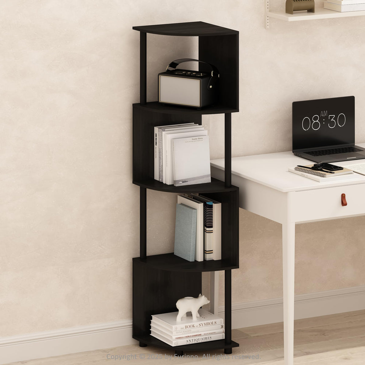 Basic Book Shelf, 4-Tier Bookshelf, Bookcase with Zigzag Corner Shelf, 14.2 x 14.2 x 57.7, for Living Room, Bedroom, Home Office, White/White