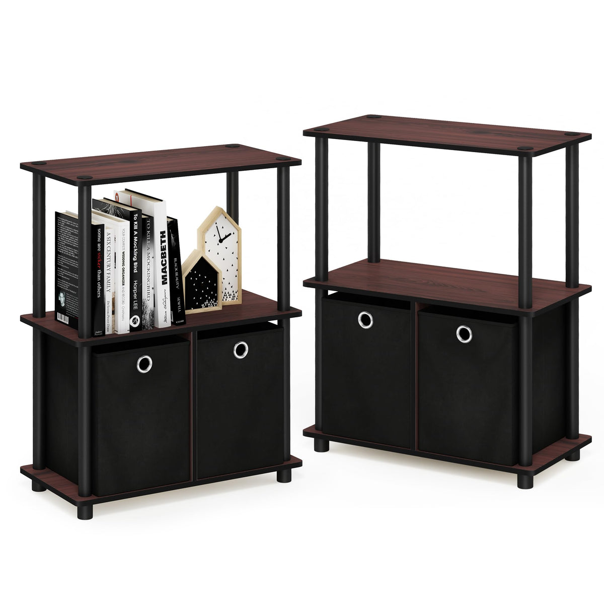 99152BE/WH/IV 3-Tier Go Green Multipurpose Storage Rack Shelving Unit Bookshelf Cabinet with 2 Bins, Beech Finish