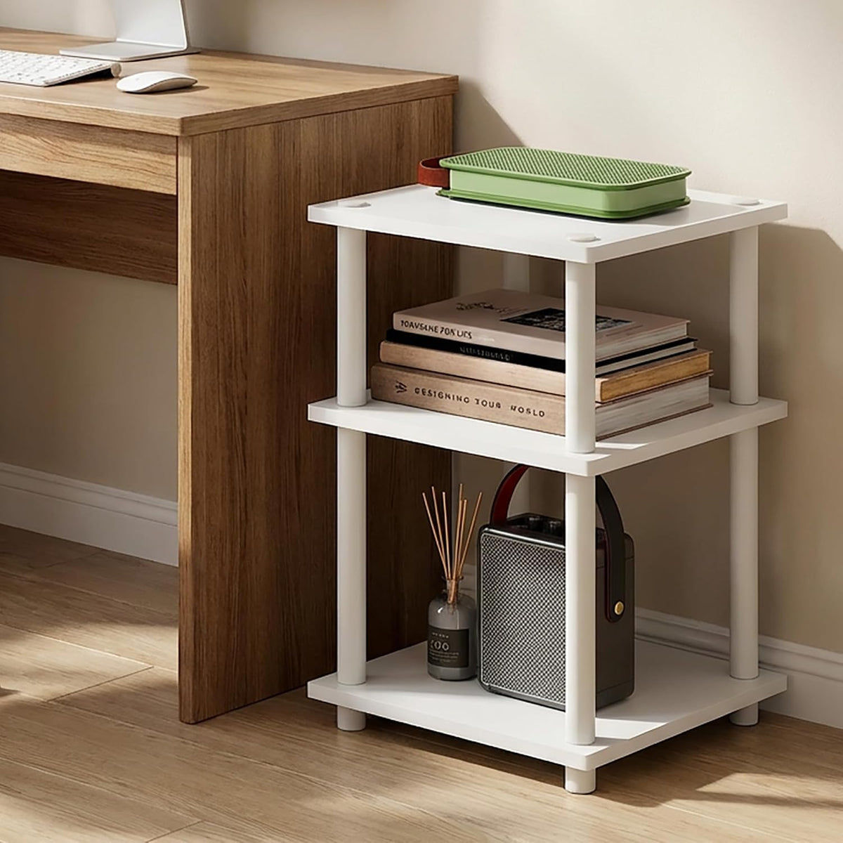 Turn-N-Tube Toolless Assembly Side Table, White 3-Tier End Table, Night Stand, Bedside Table for Living Room, Bedroom, Home Office, Plain White/White