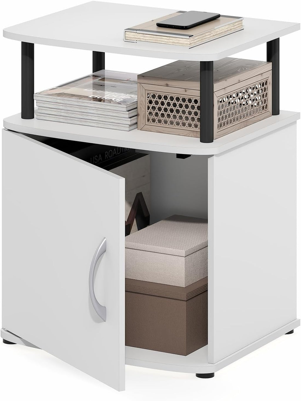 Jaya Side Table, 2-Tier Open Shelf End Table with Door Cabinet, Soft-Edges Night Stand, Bedside Table, for Living Room, Bedroom, White
