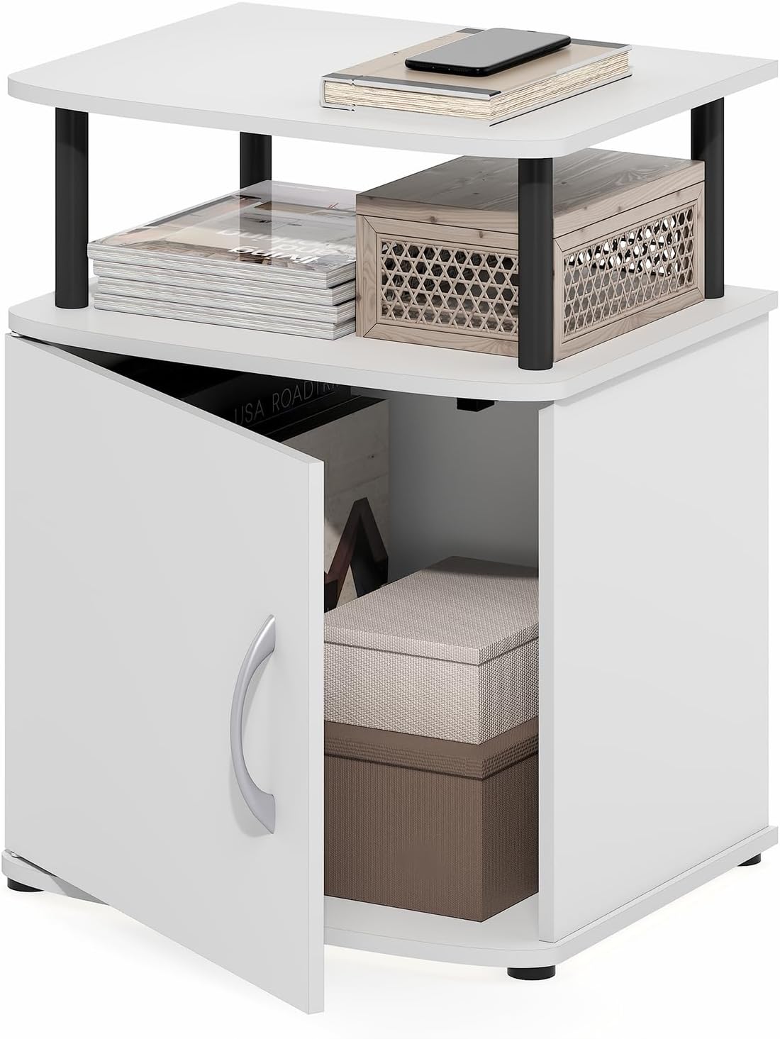Jaya Side Table, 2-Tier Open Shelf End Table with Door Cabinet, Soft-Edges Night Stand, Bedside Table, for Living Room, Bedroom, White