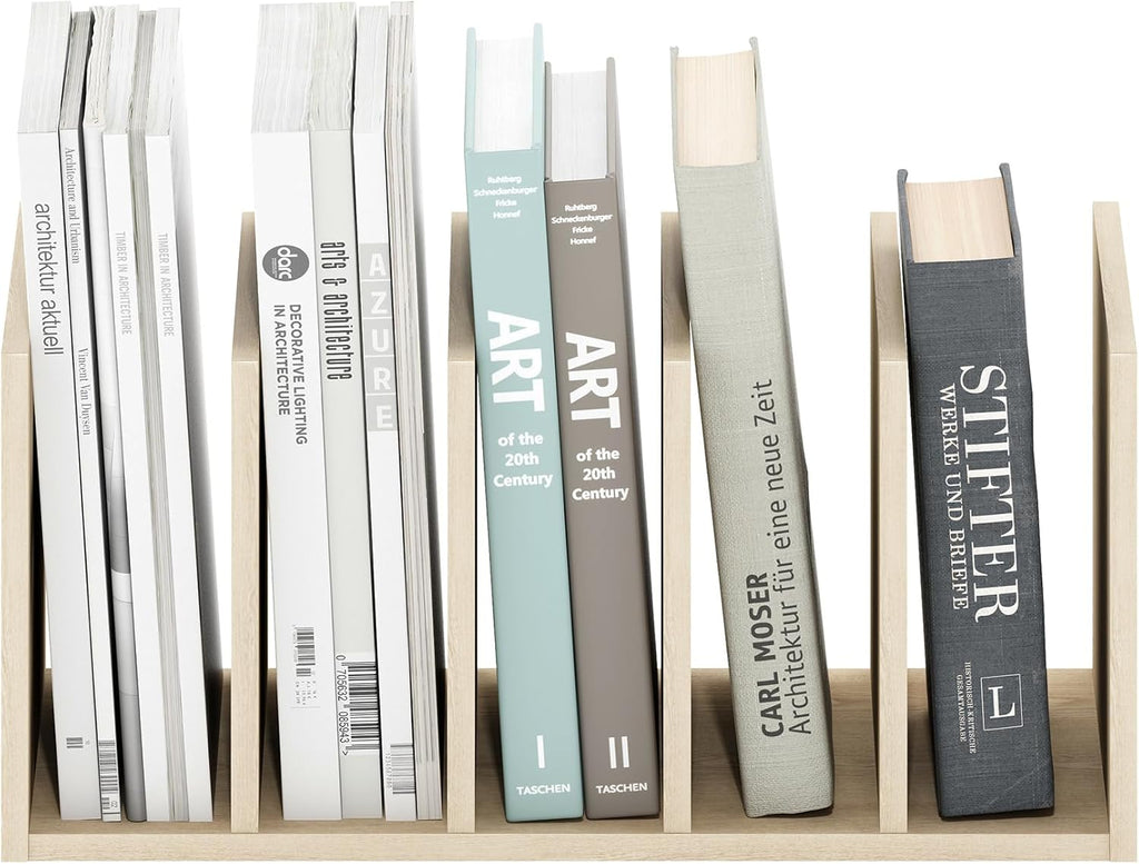 HERMITE Desk File Folder Organizers, 5-Space Vertical Desktop Office Organization Racks, Desk Top Display Book Shelf, for Paper, Office Supplies, Magazine, Bauhaus Oak