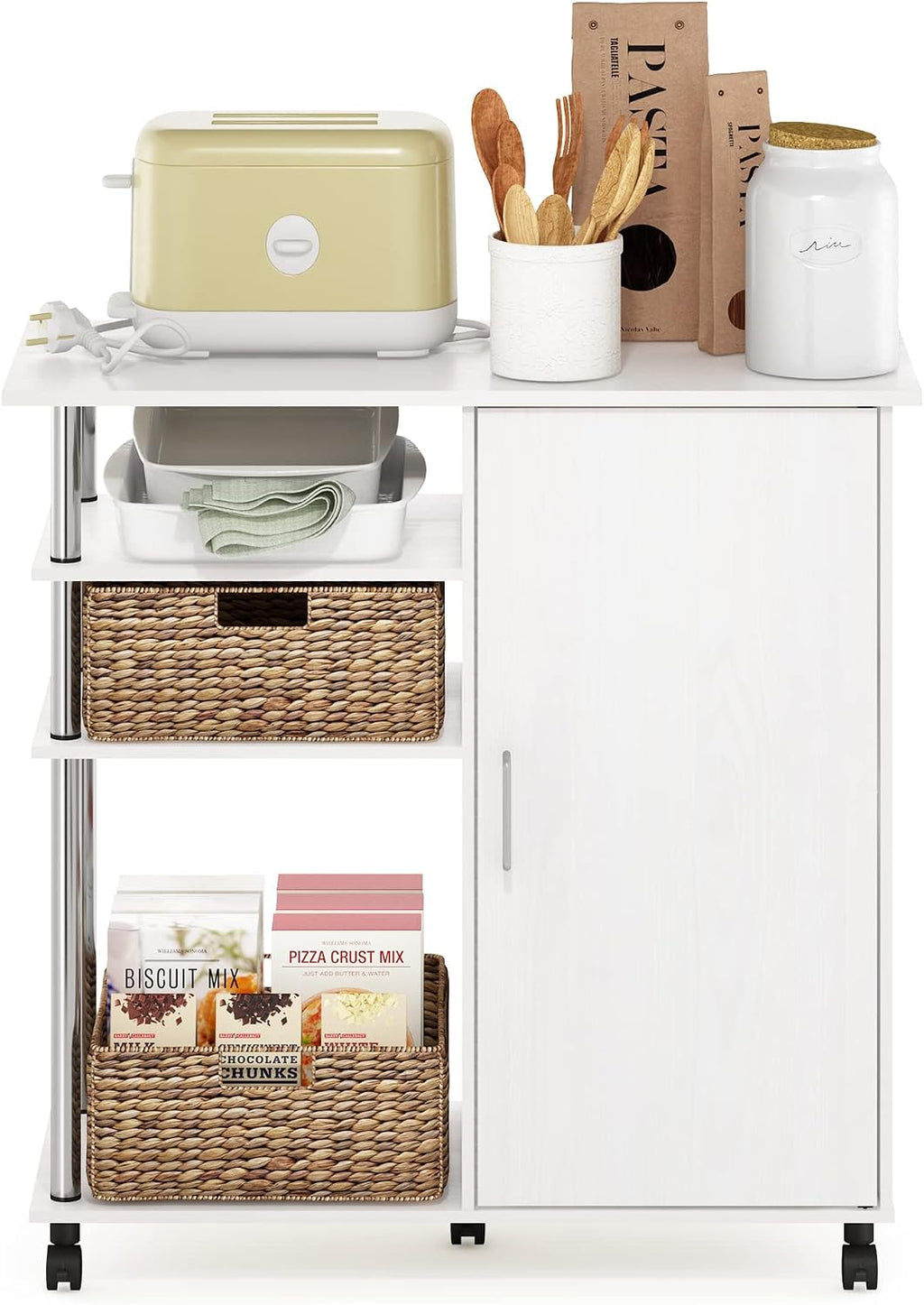 Helena Utility Kitchen Island and Storage Cart on Wheels, 4-Tier, Stainless Steel Tubes, White Oak/Chrome