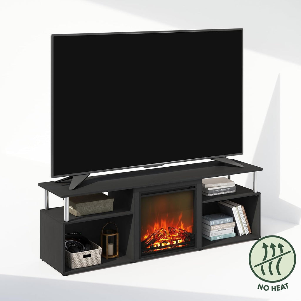 Jensen Fireplace TV Stand, NO Heat Decorative Electric Fireplace TV Stand for TV up to 70 Inch, with Open Storage, for Living Room, Americano/Stainless Steel