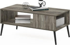 Claude 2-Tier Grey Coffee Table, Mid-Century Style Coffee Table with Wooden-Legs, Side Table with Open Shelf, for Living Room, Bedroom, Home Office, Grey Oak