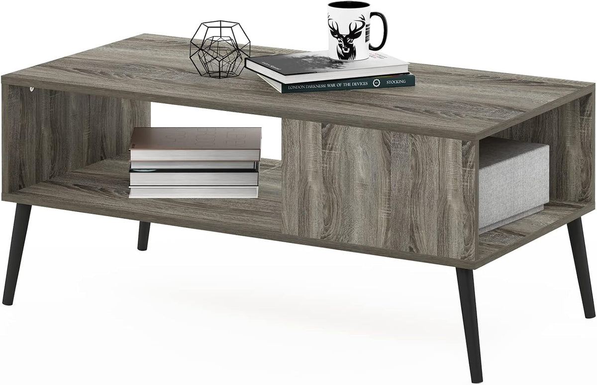 Claude 2-Tier Grey Coffee Table, Mid-Century Style Coffee Table with Wooden-Legs, Side Table with Open Shelf, for Living Room, Bedroom, Home Office, Grey Oak