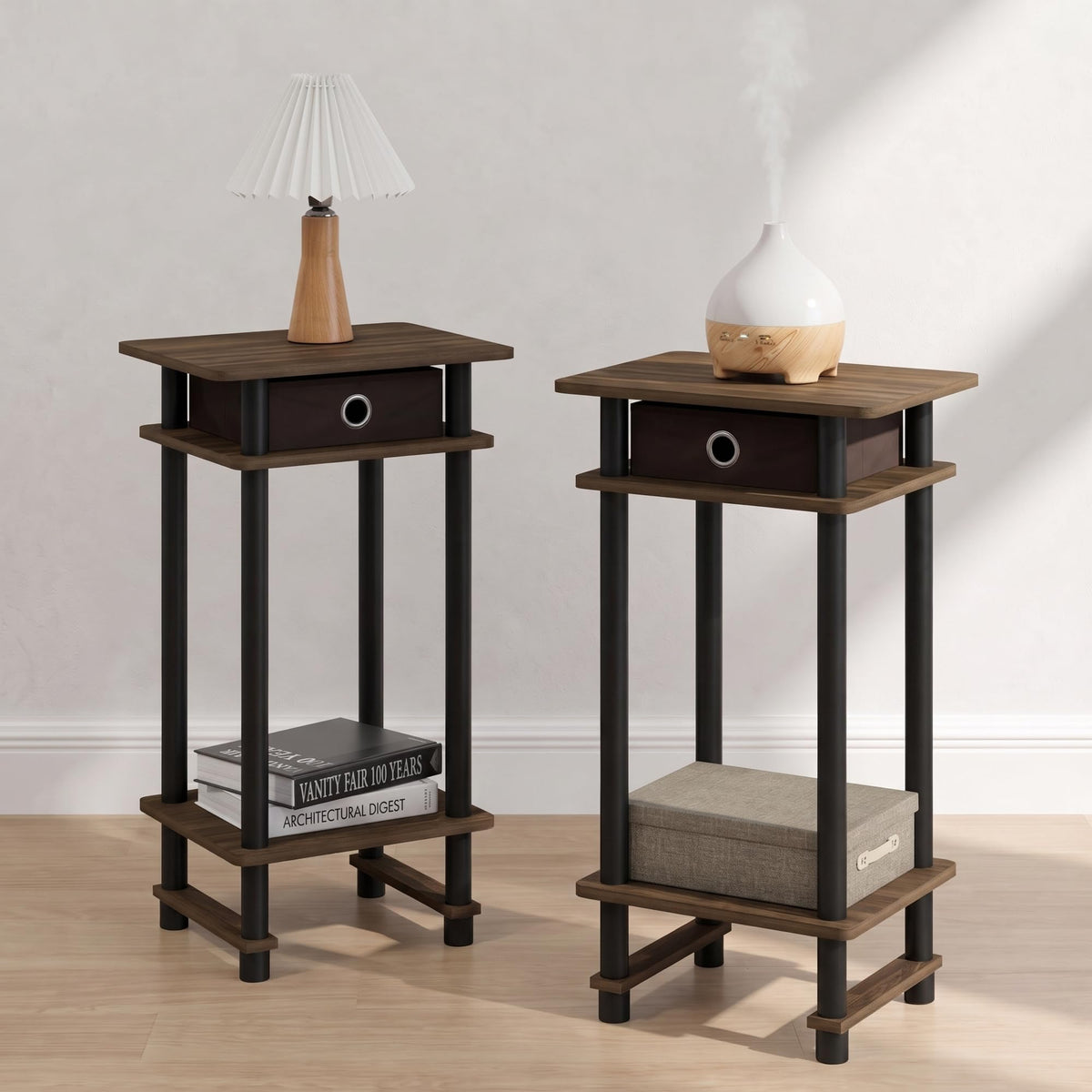 ANDREY Set of 2 Square 2-Tier Side Table, End Table, French Oak