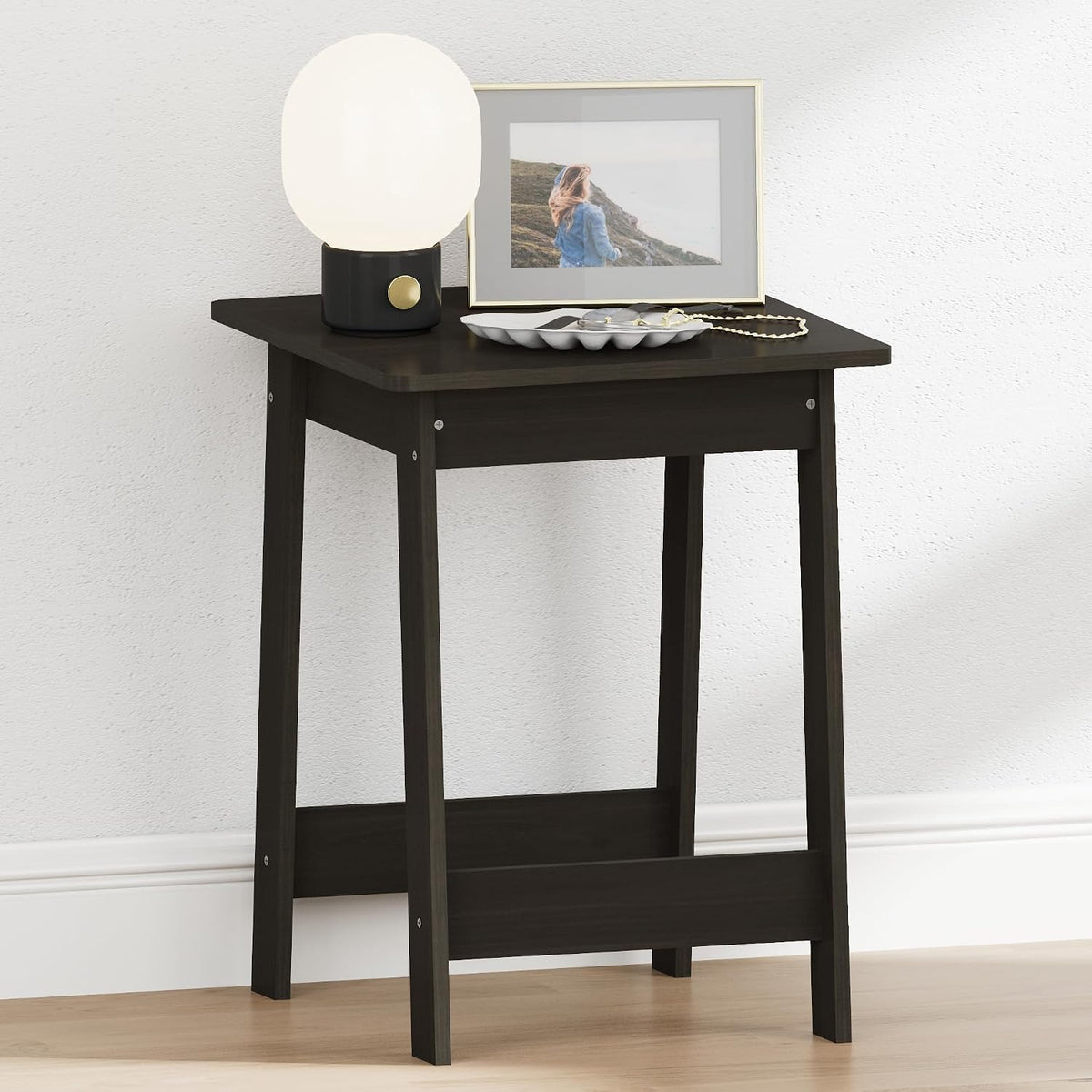 Beginning Night Stand, Square Nightstand, Wood Bedside Table with H-Legs, Side Table, End Table, Easy Assembly, for Bedroom, Closet, Dorm, Espresso
