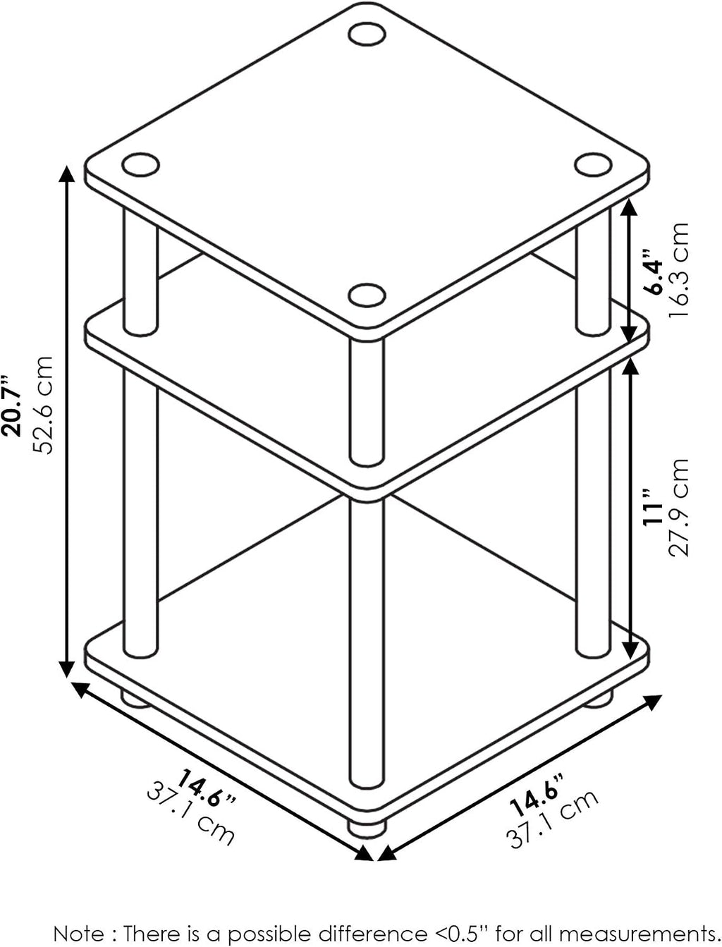 Turn-N-Tube Toolless Assembly Side Table, White 3-Tier End Table, Night Stand, Bedside Table for Living Room, Bedroom, Home Office, Plain White/White
