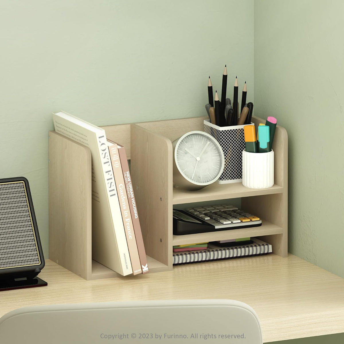 Hermite Wood Desktop Book and Home Office Supplies Storage Organizer, Bauhaus Oak