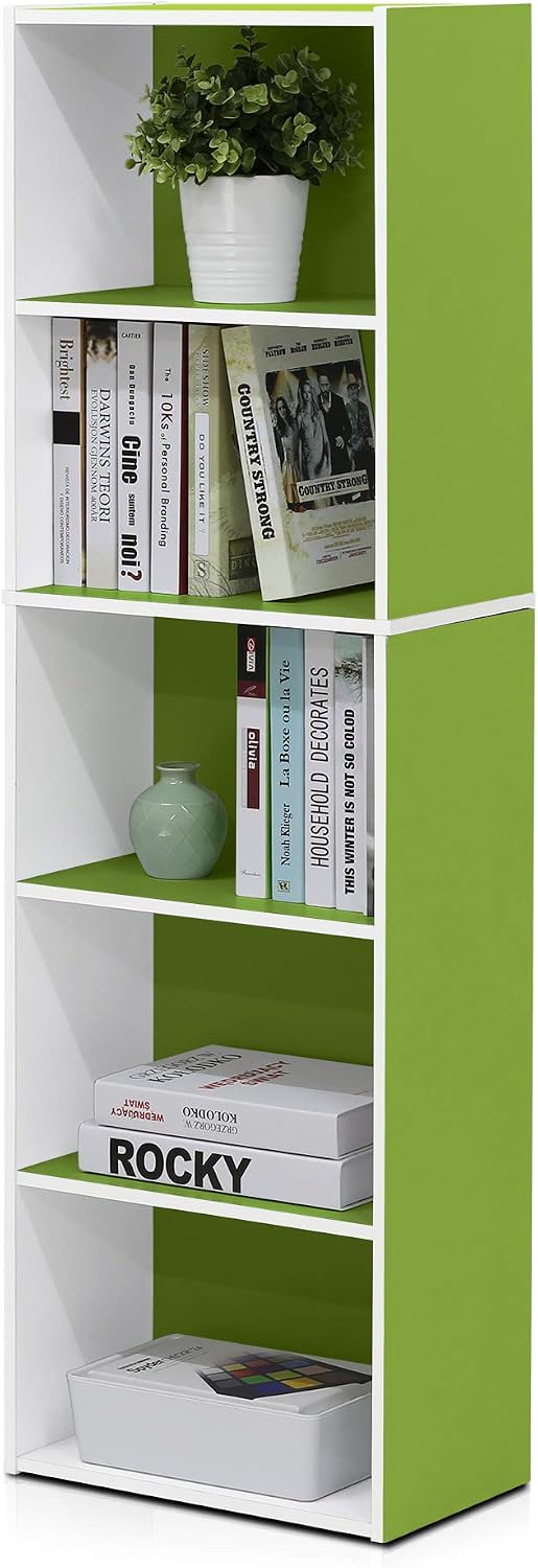 LUDER Book Shelf, 5-Tier Bookshelf, Bookcase with Open Shelves, 9.4 x 15.8 x 52, Easy Assembly, for Living Room, Bedroom, Home Office, White/Green