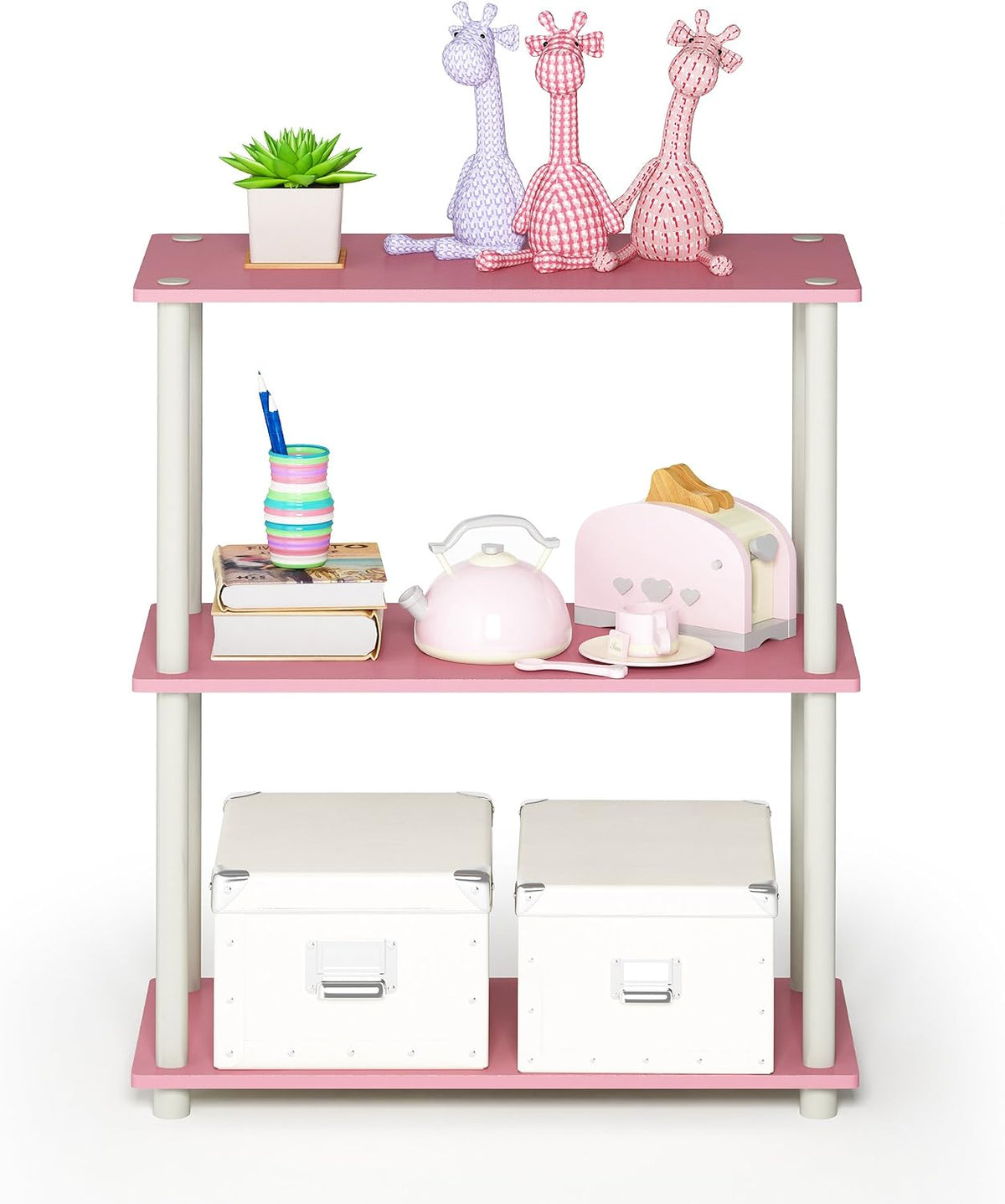 TURN-N-TUBE Storage Shelves, 3-Tier Book Shelf, Corner Shelf, Toolless Open Shelves, for Organization and Storage, Living Room, Garage, Home Office, Pink