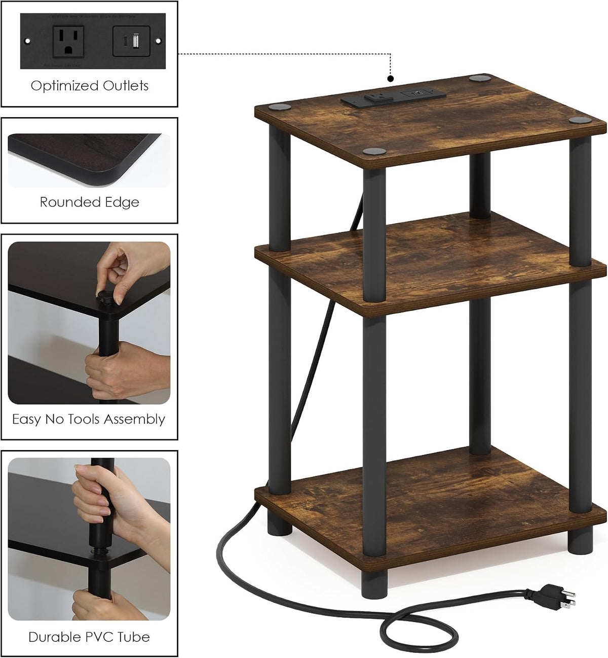 JUST Side Table, 3-Tier Modern End Table with Charging Station, Easy Assembly Night Stand, Bedside Table with USB and Type-C Port, for Living Room, Bedroom, Amber Pine