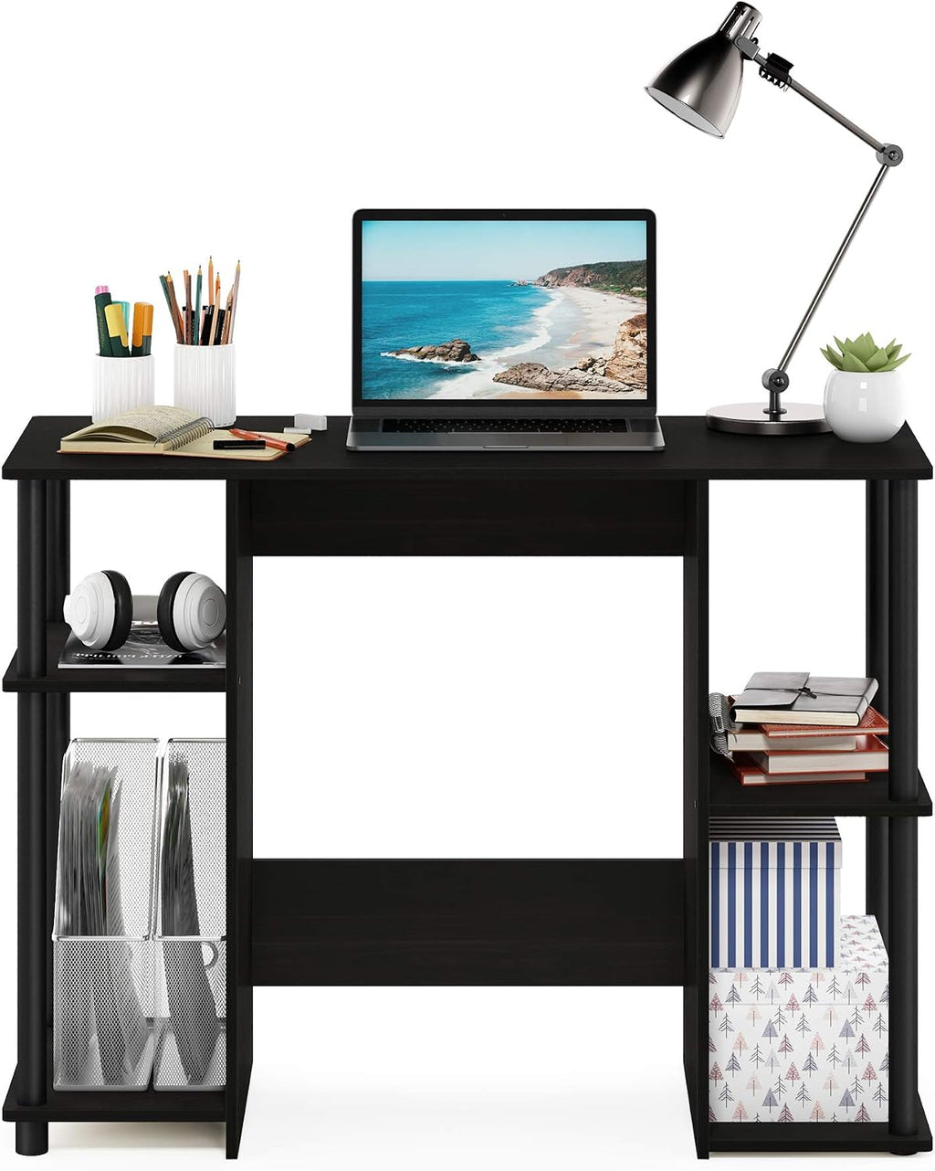 JAYA Desk, 38.4" Wide Gaming Desk, Computer Study Desk, Office Desk with Side Shelves, Open Storage, for Home Office, Bedroom, Dorm, Study Room, Espresso
