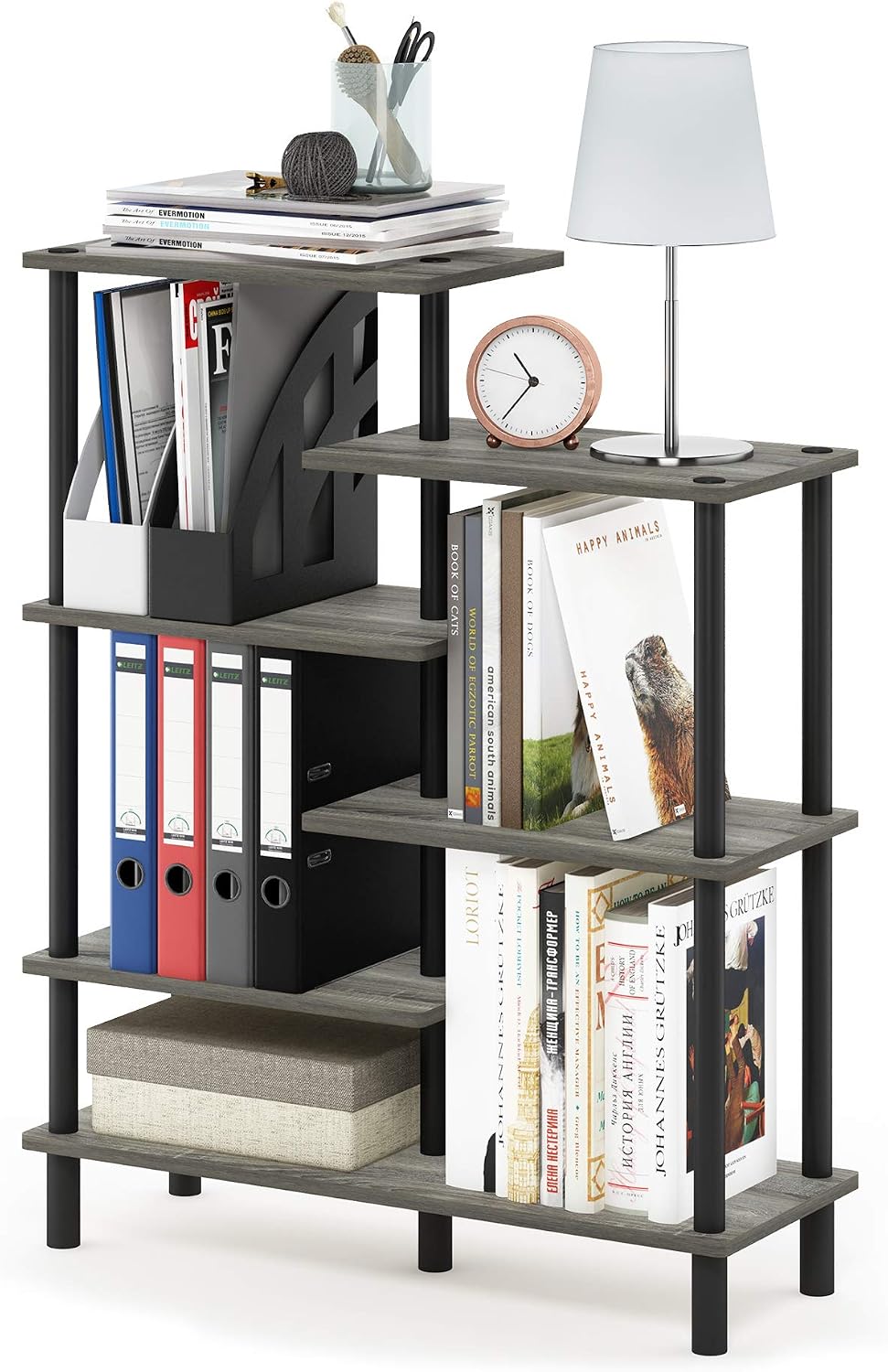 Turn-N-Tube Toolless Assembly 6-Tier Grey Book Shelf, Accent Display Shelf, Open Shelves, Round Tubes, for Organization and Storage, Living Room, Garage, Home Office, Grey Oak