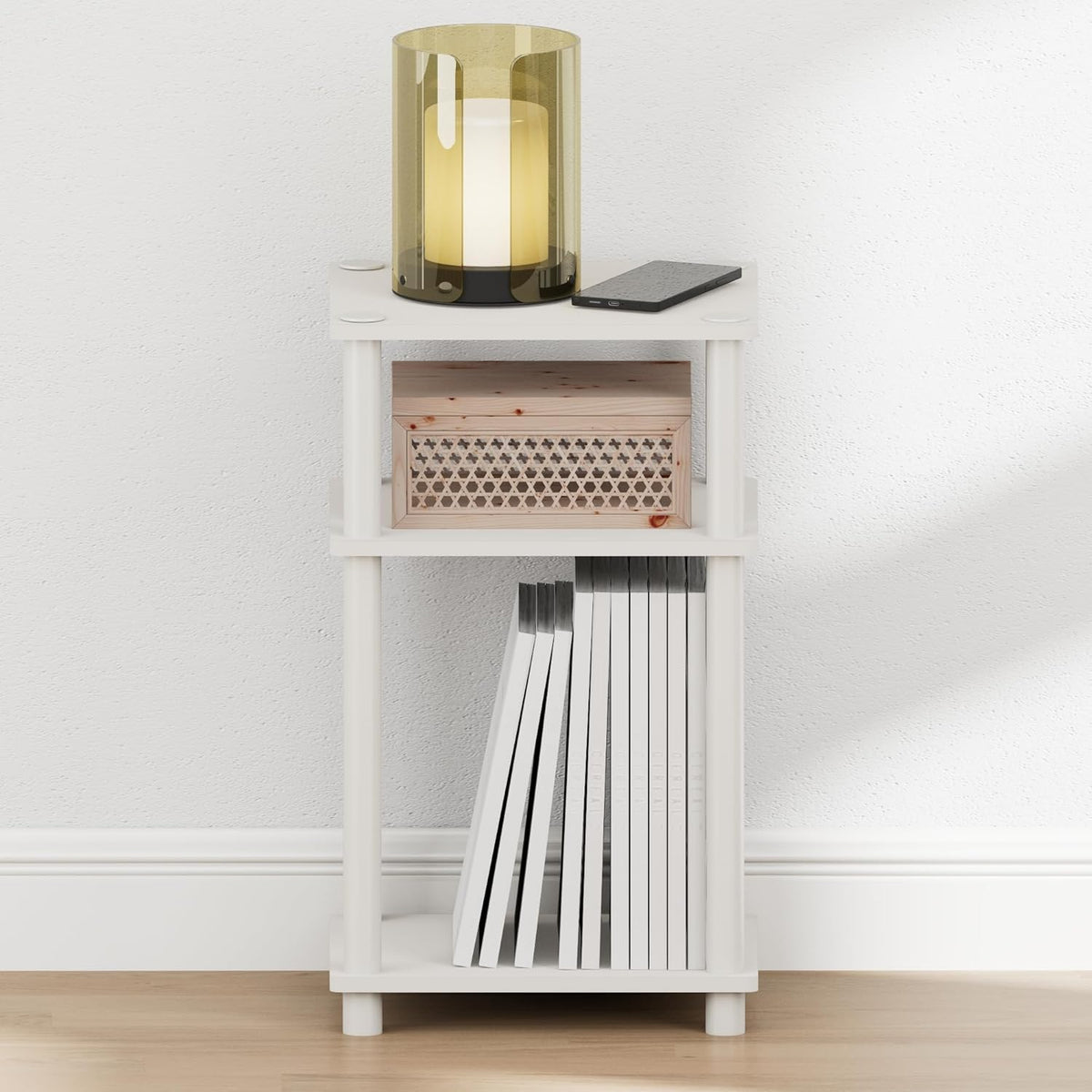 JUST Toolless 3-Tier Night Stand, Open Storage, White