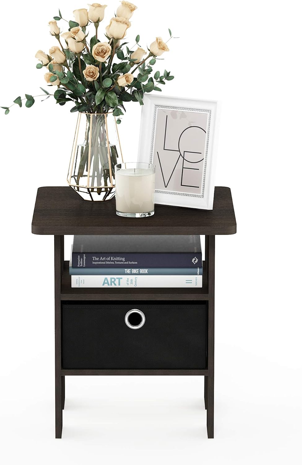 Andrey Set of 2 End Table / Side Table / Night Stand / Bedside Table with Bin Drawer, Dark Brown/Black