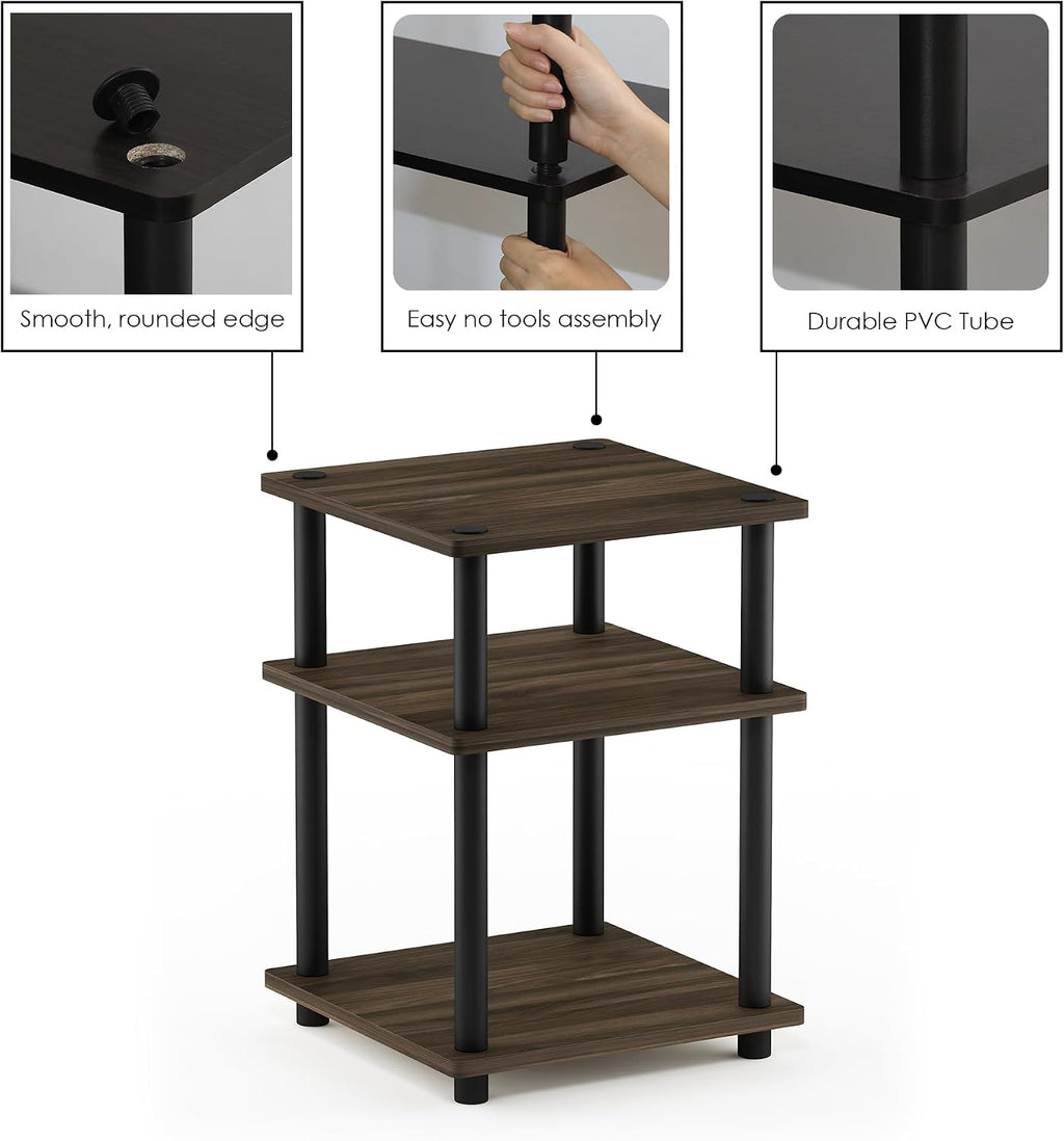 Turn-N-Tube Side Table, 3-Tier Square Modern End Table, Open Shelves Nightstand, Night Stand, Bedside Table, Easy Assembly, for Living Room, Bedroom, Columbia Walnut