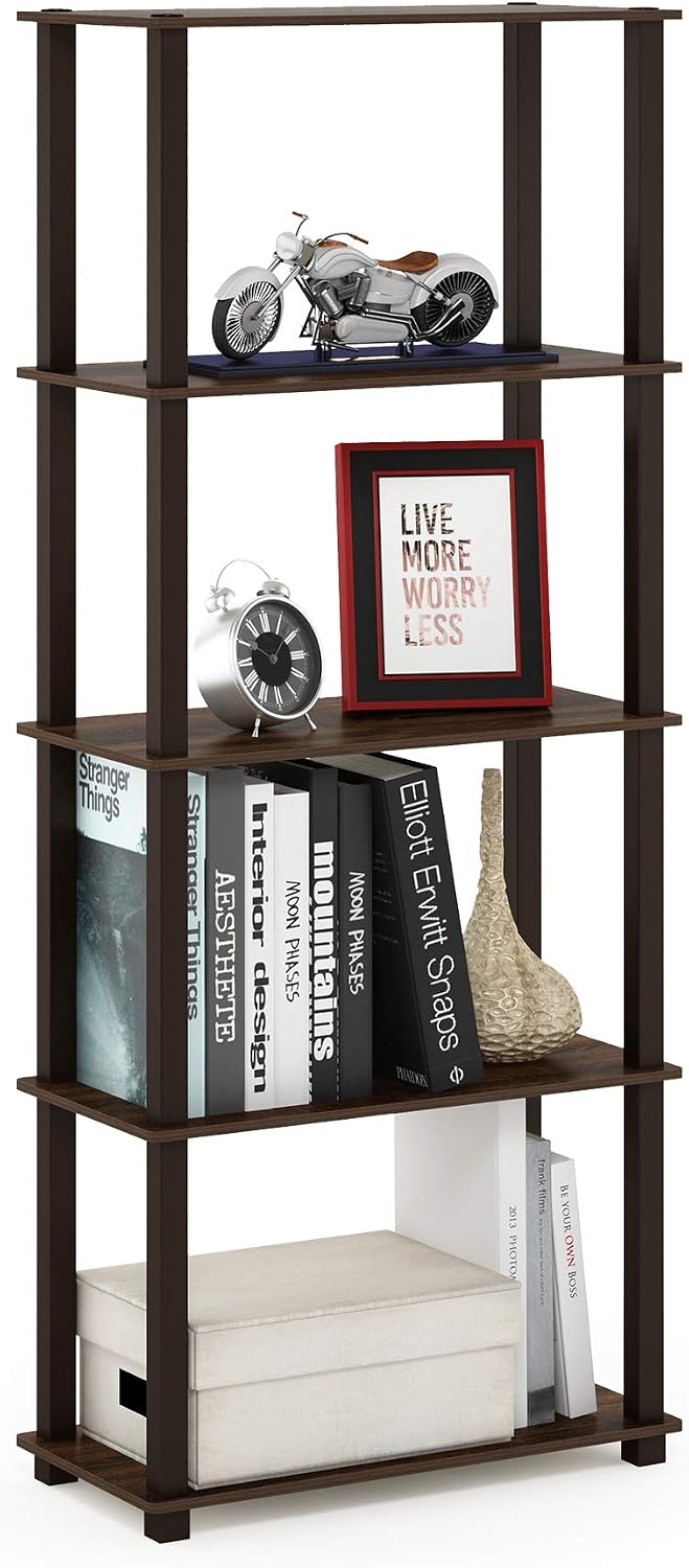 TURN-S-TUBE Book Shelf, 5-Tier Toolless Storage Shelves with Square Tubes, Shelving Unit for Organization and Storage for Living Room, Home Office, Walnut