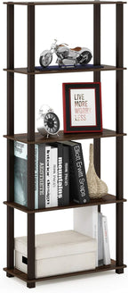 TURN-S-TUBE Book Shelf, 5-Tier Toolless Storage Shelves with Square Tubes, Shelving Unit for Organization and Storage for Living Room, Home Office, Walnut
