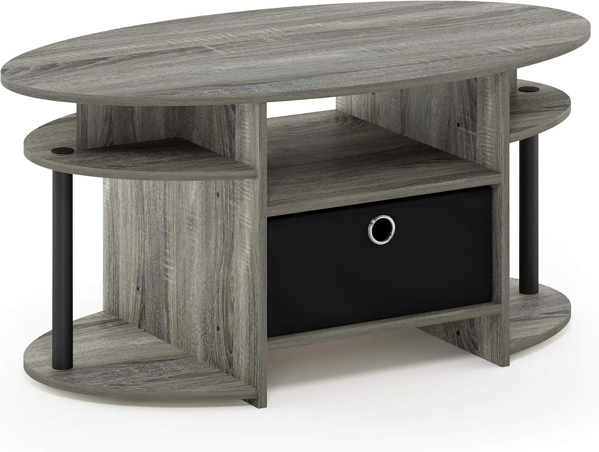 Jaya Oval Modern Grey Coffee Table with Side Shelves and Storage Bin, Side Table with Shelf, for Living Room, Bedroom, Home Office, Grey Oak