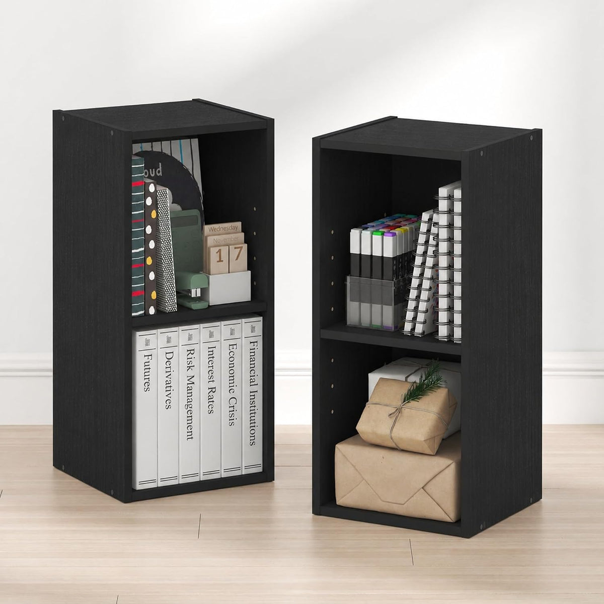 Fulda Book Shelf Set of 2, 2-Tier Narrow Bookshelf, Blackwood