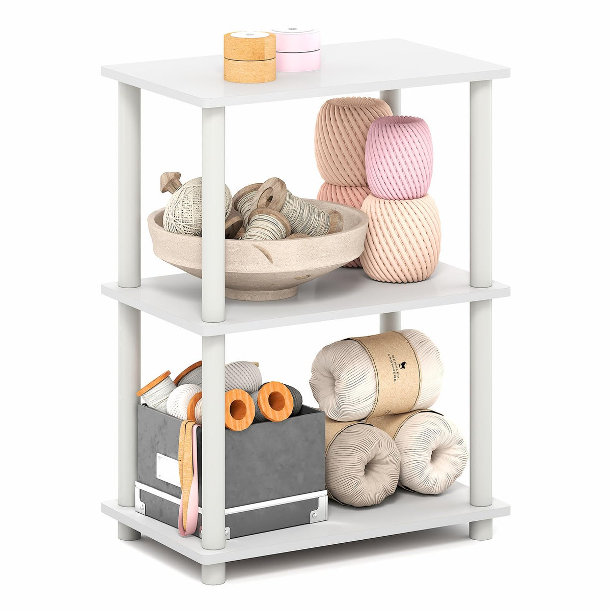 99152BE/WH/IV 3-Tier Go Green Multipurpose Storage Rack Shelving Unit Bookshelf Cabinet with 2 Bins, Beech Finish