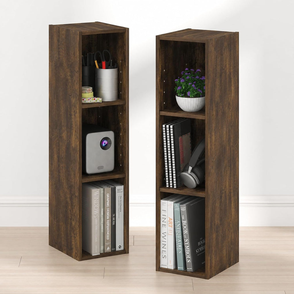 Fulda Book Shelf Set of 2, 3-Tier Narrow Bookshelf, 8"W, Amber Pine