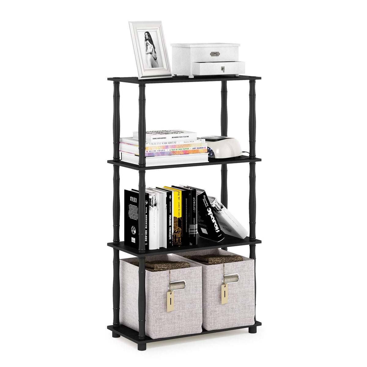99152BE/WH/IV 3-Tier Go Green Multipurpose Storage Rack Shelving Unit Bookshelf Cabinet with 2 Bins, Beech Finish