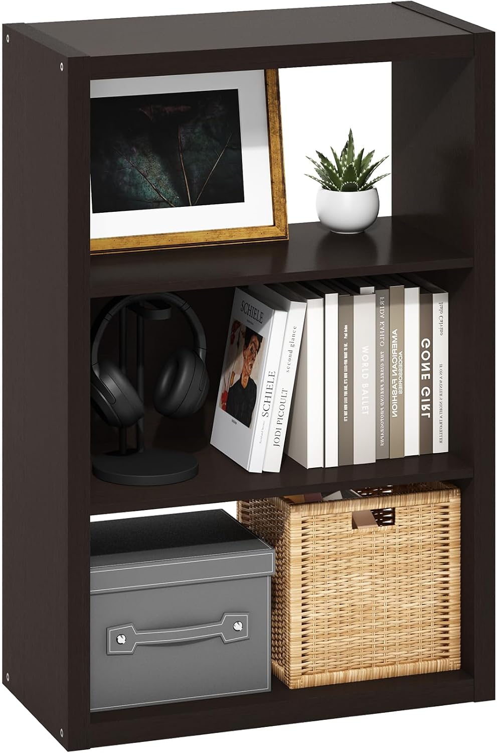 VIOLA 3-Tier Book Shelf, Extra Thick Frame Bookshelf, Dark Oak