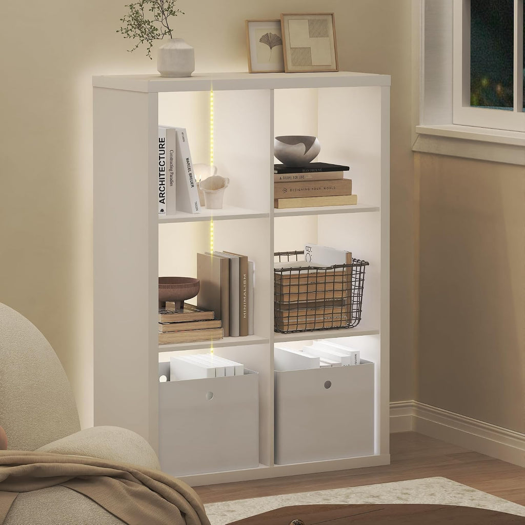 Cubicle Book Shelf with LED Lights, 6-Cube Bookshelf, Reversible Extra Thick Frame Bookcase, Display Storage Shelves, for Living Room, Bedroom, Home Office, White