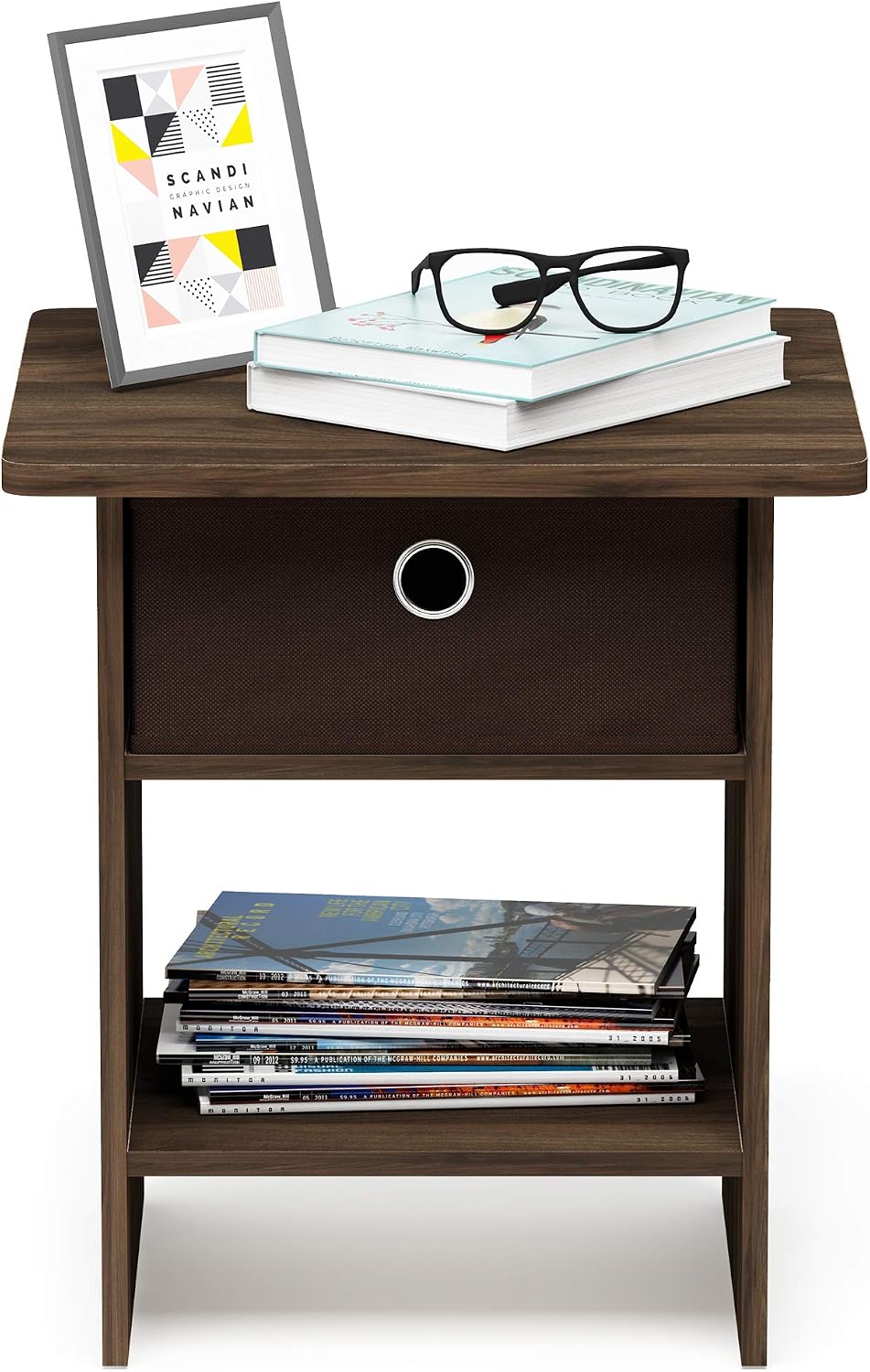 Dario End Table / Side Table / Night Stand / Bedside Table with Bin Drawer, 1-Pack, Columbia Walnut/Dark Brown