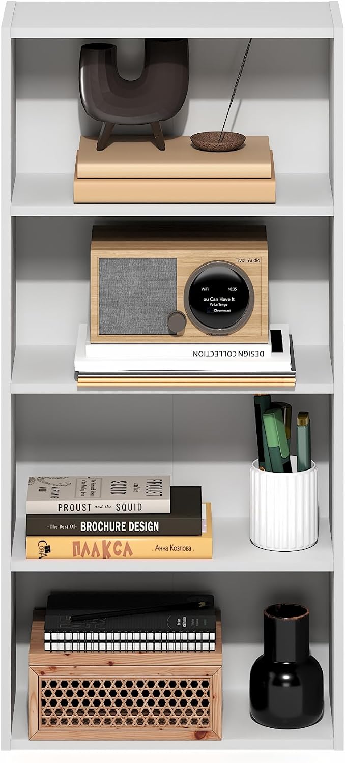 Basic Book Shelf, 4-Tier Bookcase with Open Shelf, Bookshelf, Cube Storage Organizer, 7 x 17 x 35, for Living Room, Bedroom, Home Office, White
